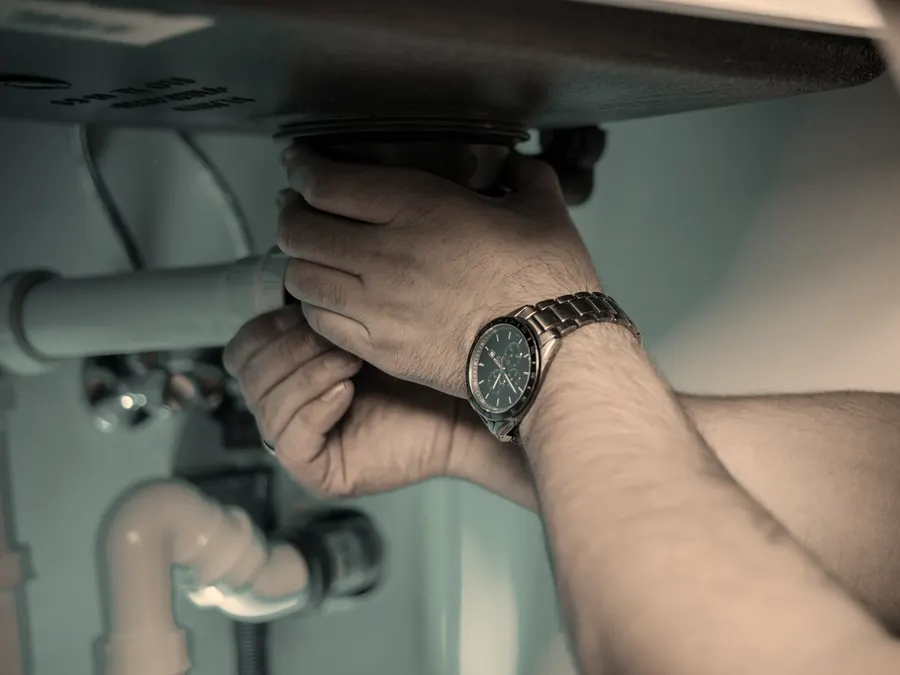 Waste pipe being tightened under a basin.